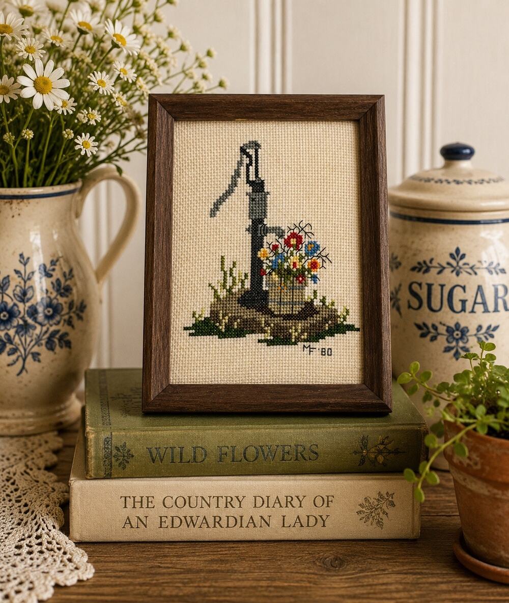 Vintage 1980 Handmade Cross Stitch Water Pump Wildflowers Framed Folk Art 7x9